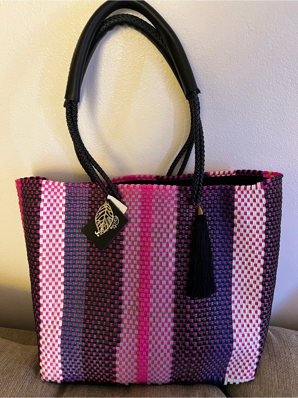 Woven Pink & Black Stripe Tote with Tassel